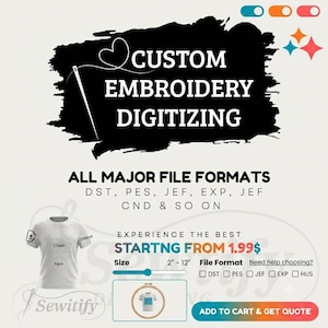 Può includere: Una grafica digitale per servizi di digitalizzazione di ricami personalizzati. Include il testo CUSTOM EMBROIDERY DIGITIZING, un elenco di formati di file tra cui DST, PES, JEF, EXP e CND, l'illustrazione di una t-shirt bianca e un'icona di telaio.