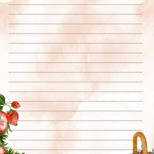 May include: Watercolor stationery with a light peach background and dotted lines for writing. The top left corner features a strawberry design with green leaves. A basket filled with strawberries is in the bottom right corner. The word "Date:" is at the top.