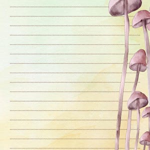 May include: A lined notepad with a watercolor background in yellow and green. The notepad features a cluster of pink mushrooms on the right side. The word "Date:" is at the top left.