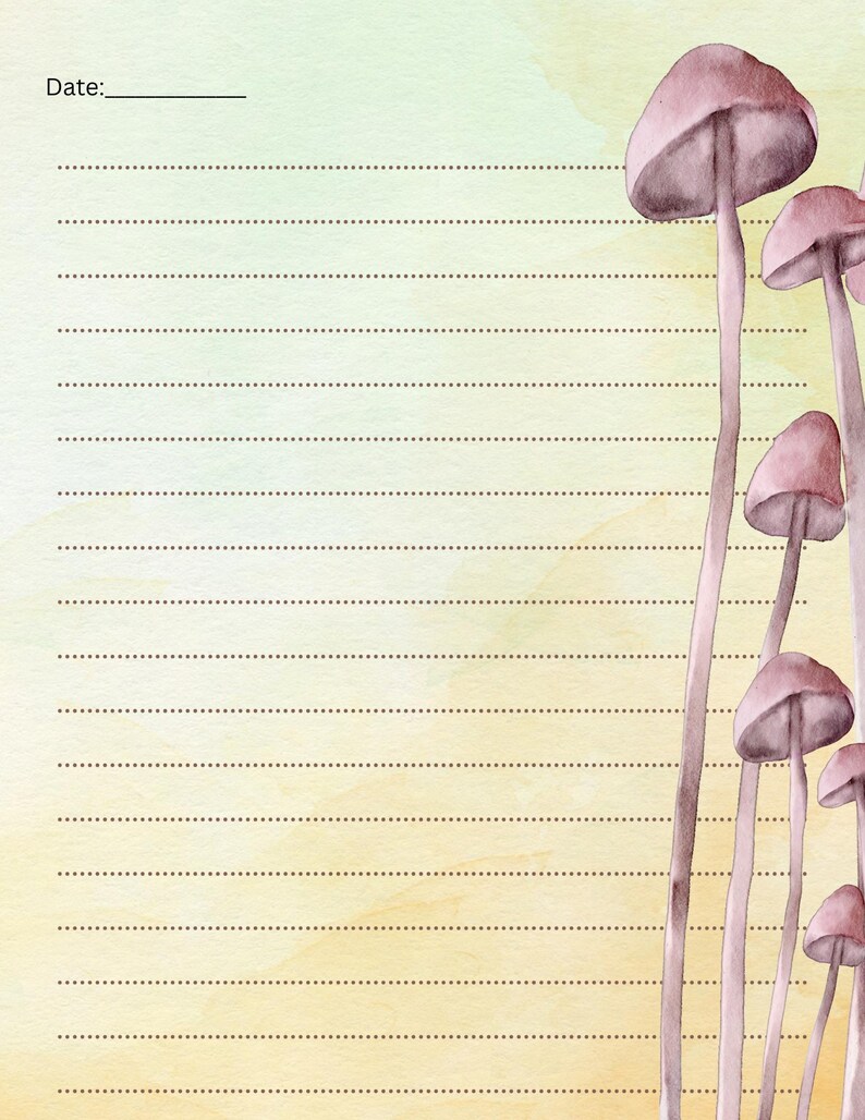 May include: A lined notepad with a watercolor background in yellow and green. The notepad features a cluster of pink mushrooms on the right side. The word "Date:" is at the top left.