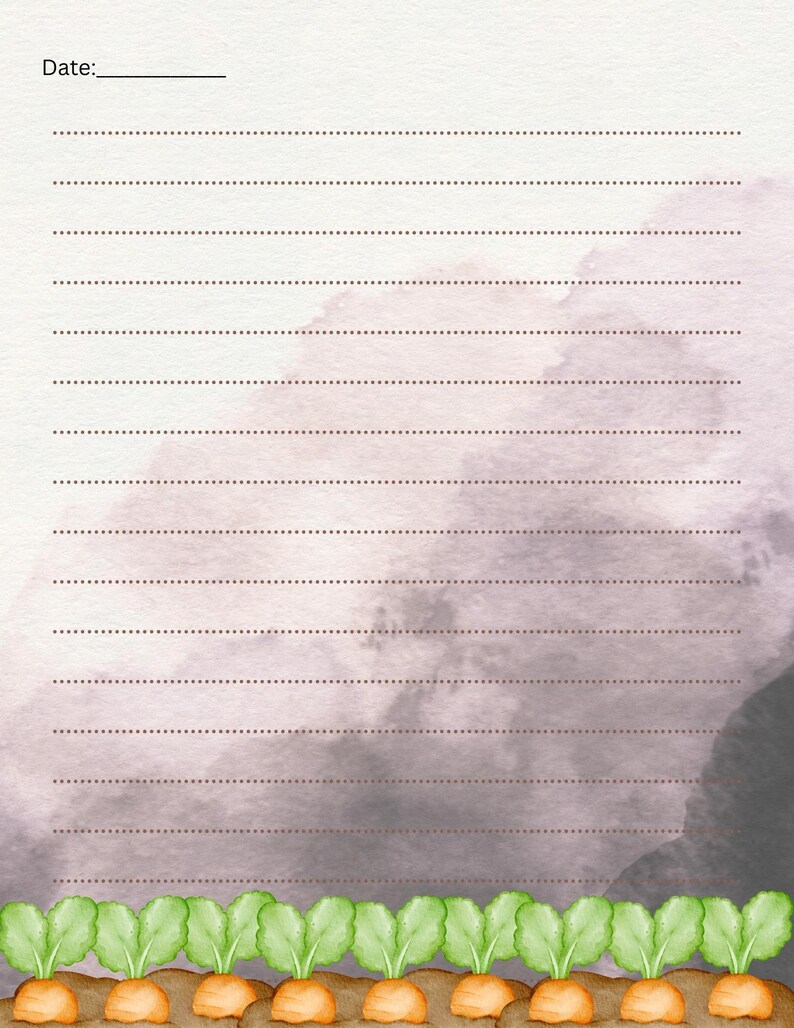 May include: Watercolor stationery with a garden theme. The top of the page has the word "Date:" followed by a line. The bottom of the page features a row of carrots with green tops. The background has a watercolor wash of purple and gray.