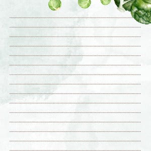 May include: A watercolor-style journal page with a light green and white background. The top of the page features illustrations of green brussels sprouts. The word "Date:" is printed at the top left, followed by a blank line. Dotted lines fill the page.