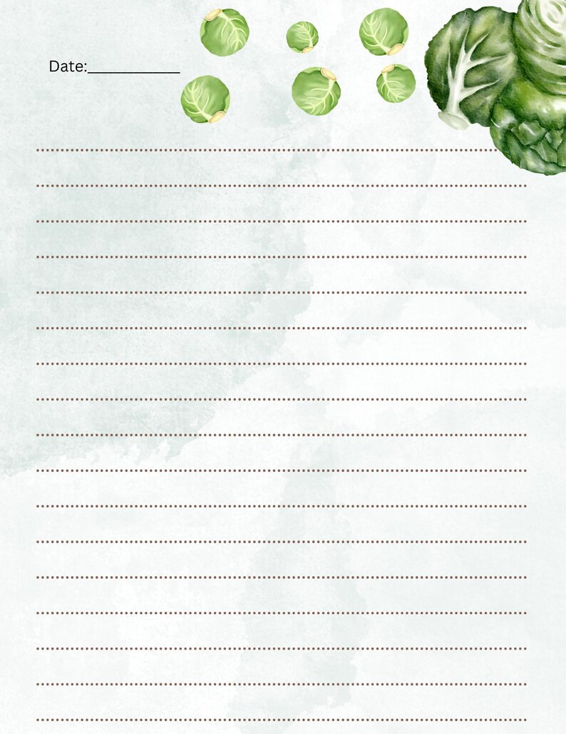 May include: A watercolor-style journal page with a light green and white background. The top of the page features illustrations of green brussels sprouts. The word "Date:" is printed at the top left, followed by a blank line. Dotted lines fill the page.