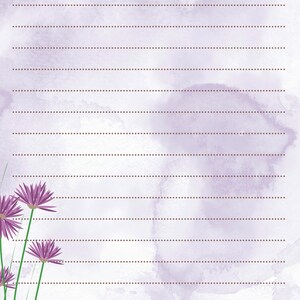 May include: A lined stationery paper with a watercolor background in shades of lavender and purple. The top left corner has the word "Date:" followed by a blank line. The bottom left corner features a cluster of purple flowers with green stems.