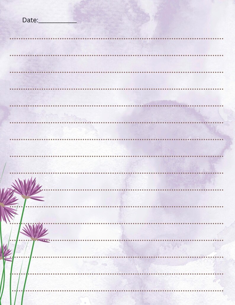 May include: A lined stationery paper with a watercolor background in shades of lavender and purple. The top left corner has the word "Date:" followed by a blank line. The bottom left corner features a cluster of purple flowers with green stems.