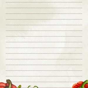 May include: A lined recipe card with the word "Date:" at the top. The bottom of the card features a watercolor illustration of red, green, and yellow bell peppers. The card has a textured, off-white background.