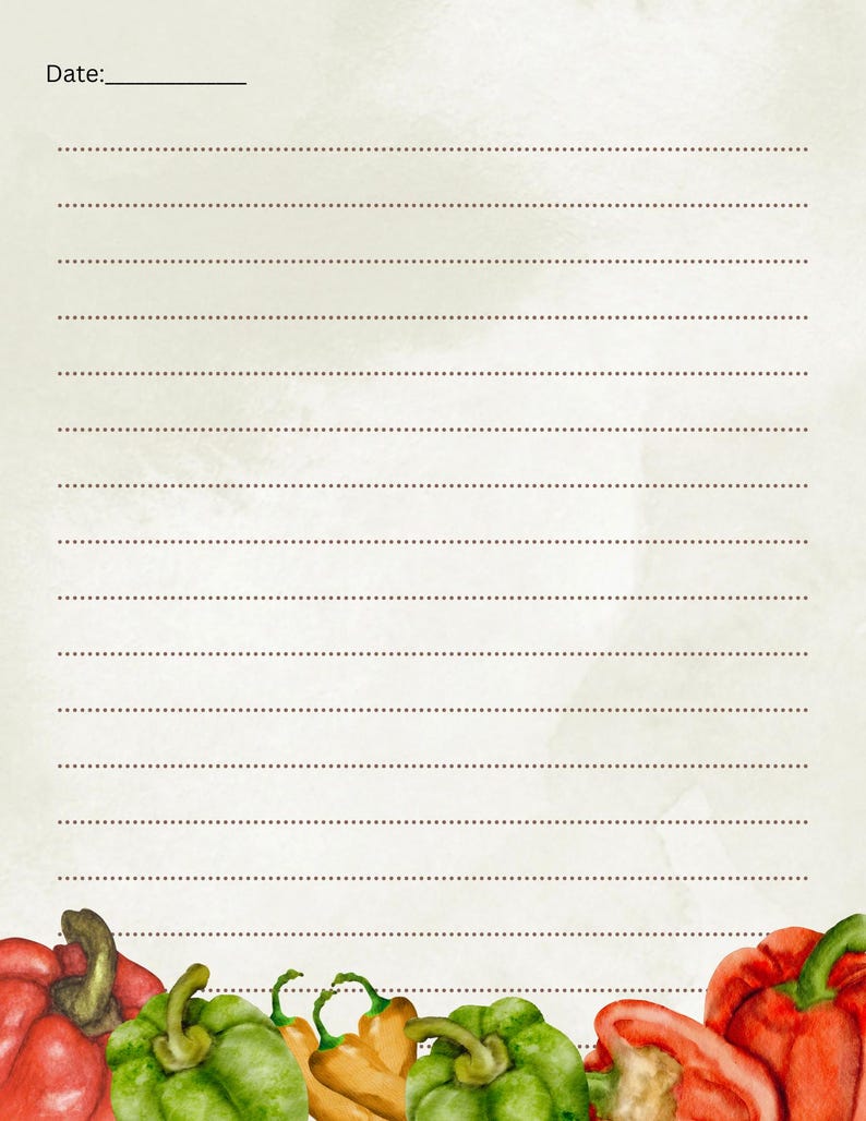 May include: A lined recipe card with the word "Date:" at the top. The bottom of the card features a watercolor illustration of red, green, and yellow bell peppers. The card has a textured, off-white background.