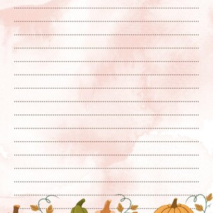 May include: A lined stationery sheet with a watercolor-style background in shades of peach and pink. The bottom border features a collection of pumpkins in various colors, with vines and leaves. The word "Date:" is at the top.