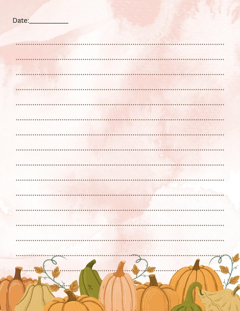 May include: A lined stationery sheet with a watercolor-style background in shades of peach and pink. The bottom border features a collection of pumpkins in various colors, with vines and leaves. The word "Date:" is at the top.