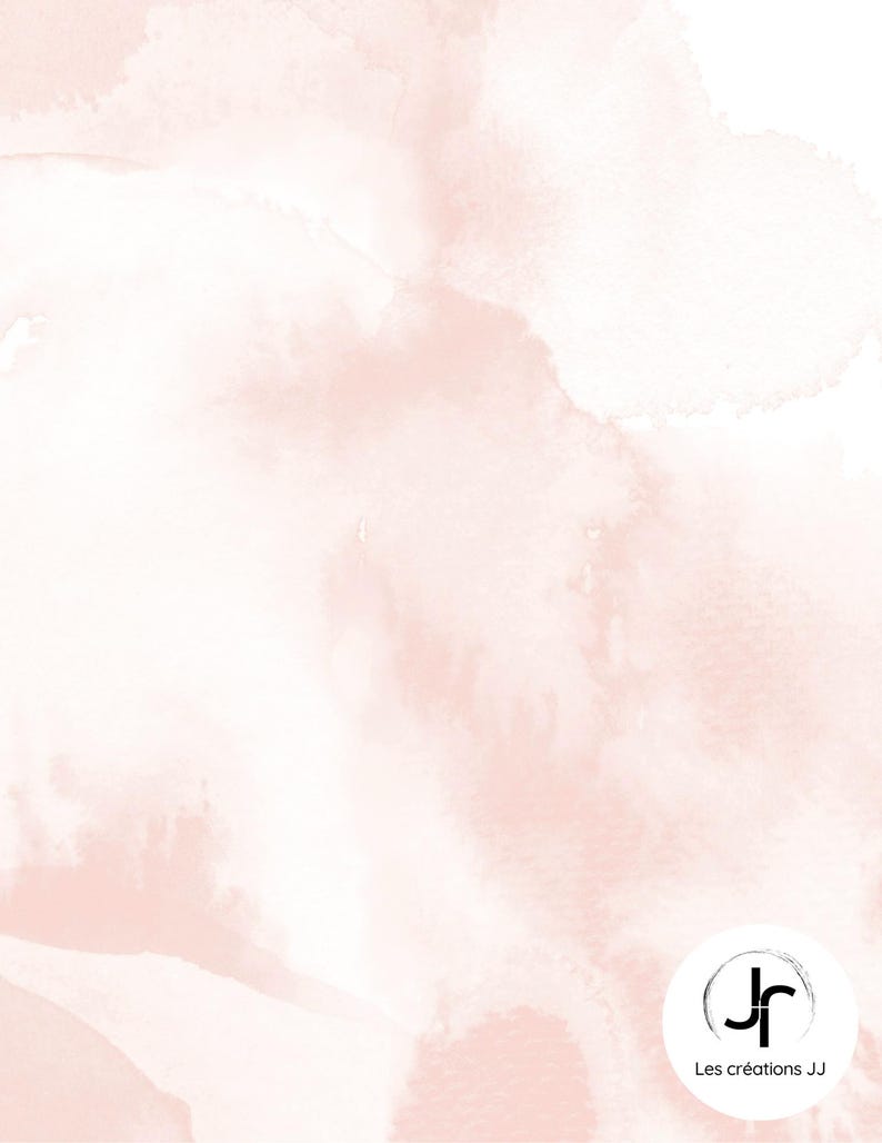 May include: Abstract watercolor background in soft pink and white hues. The design features blended washes of color, creating a dreamy and artistic effect. A circular logo with the initials "JR" and the text "Les cr&eacute;ations JJ" is in the bottom right corner.