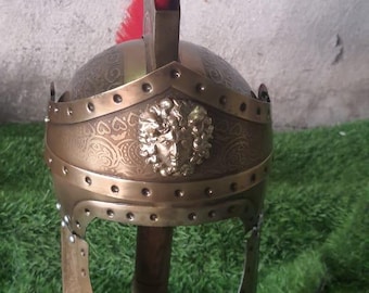Medieval centurian etching Roman helmet armour Red crest-plume.