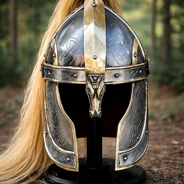 Handgesmede ruiterhelm van staal en messing – middeleeuwse cavaleriekrijgerhelm – optie rood, zwart of wit embleem