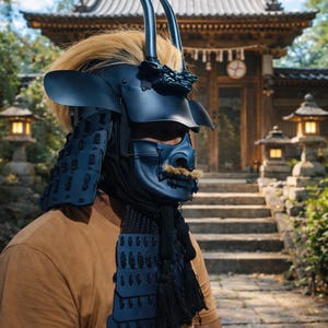 Pode incluir: Um capacete de samurai preto com crista com chifres e uma máscara facial. O capacete tem um design detalhado e é usado com uma camisa bege. O fundo apresenta um edifício tradicional japonês e degraus de pedra.