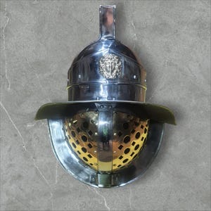 Murmillo Gladiator Helmet | Steel Roman Armor with Brass Face Guard
