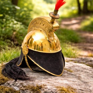 May include: A polished gold military helmet with a red plume and black trim. The helmet, with detailed ornamentation, sits on a mossy rock. The black visor and a long black horsehair plume are visible.