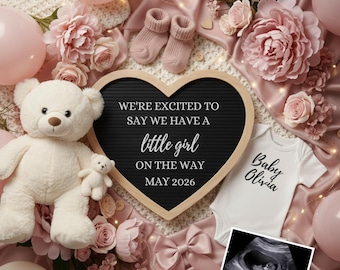 Anuncio de embarazo de hermanita, presentación de niña, bebé niña en mayo de 2026, elegante anuncio de habitación infantil en rosa.