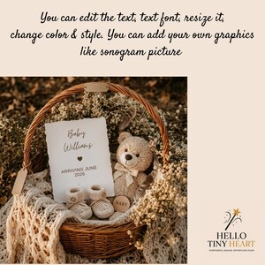 Rustic baby announcement basket featuring a plush teddy bear, cream knit booties, baby's breath flowers, and a card reading "Baby Williams Arriving June 2026" on a beige macrame blanket.