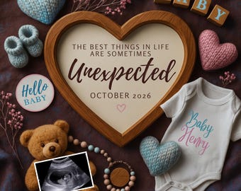 Anuncio de bebé neutro, anuncio de embarazo inesperado, revelación de bebé de género neutro, anuncio de bebé moderno, plantilla editable