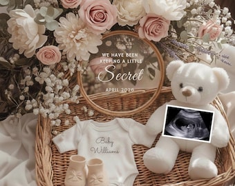 Anuncio de embarazo neutro, anuncio de embarazo de primavera, revelación de embarazo sencilla, revelación de bebé de abril de 2026, anuncio de bebé floral,