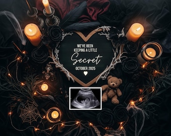 Anuncio de embarazo de Halloween: pequeño secreto, plantilla editable para redes sociales y anuncios digitales de embarazo en Canva.