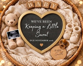 Anuncio de embarazo bohemio, plantilla de anuncio de embarazo "Pequeño secreto", revelación de bebé neutral, plantilla de anuncio digital editable