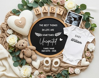 Anuncio de embarazo inesperado, revelación de embarazo inesperada editable, revelación de osito bohemio, plantilla de embarazo, plantilla digital