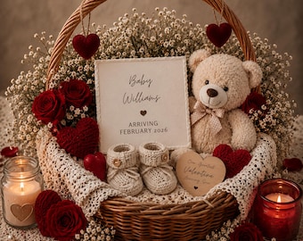 Valentines Day Pregnancy Announcement: Gender Neutral Baby Reveal, Boho Baby Reveal , Canva Template Digital Download