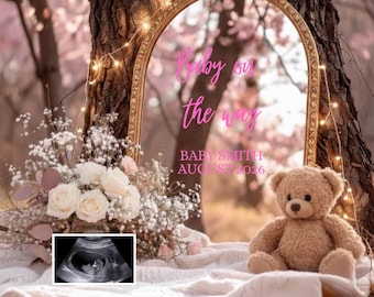 Anuncio de embarazo en espejo, anuncio de embarazo de primavera, revelación en redes sociales, anuncio de embarazo floral, descarga digital