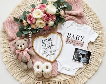 Anuncio de embarazo de hermanita, plantilla digital, revelación del género de una niña, Canva editable, floral, bohemio, rosa, para redes sociales.