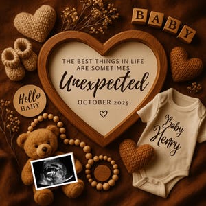 May include: A pregnancy announcement with a wooden heart frame displaying the text "The best things in life are sometimes Unexpected October 2025." The image includes a baby onesie, a teddy bear holding an ultrasound image, and knitted hearts.