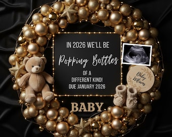 New Years Pregnancy Announcement Digital, 2026 Popping Bottles Baby Reveal, Editable Social Media Reveal Digital Download, Canva Template