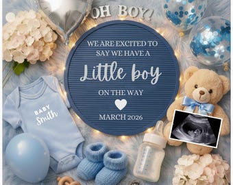 Plantilla de anuncio de embarazo de niño, anuncio digital de bebé varón, niño en camino, anuncio de bebé editable en Canva, anuncio de género en azul
