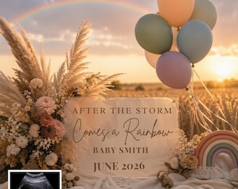 Boho regenboog baby zwangerschapsaankondiging digitaal: neutrale babyaankondiging, After The Storm Pregnancy Reveal, aankondiging sociale media