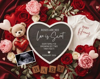 Plantilla de anuncio de embarazo para San Valentín, anuncio romántico de bebé con ecografía, cartel editable "Familia creciendo de a dos", descarga digital