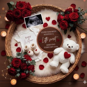 Könnte beinhalten: Babyankündigung mit einem weißen Strampler mit dem Namen "William", Baby-Schühchen mit Herzen, einem Teddybär mit Herz und einem Schild mit der Aufschrift "Cupid has been keeping a little secret arriving February 2026". Rote Rosen und herzförmige Konfetti.