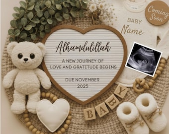 Anuncio digital de embarazo en árabe, revelación de embarazo de bebé musulmán, revelación de bebé islámico, revelación de bebé musulmán en redes sociales, descarga instantánea