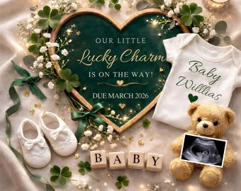 Anuncio de embarazo para el Día de San Patricio, Anuncio de embarazo con amuleto de la suerte, Plantilla para redes sociales, Descarga instantánea