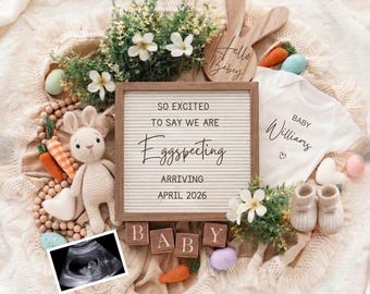 Plantilla de anuncio de embarazo de Pascua: conejito, anuncio de bebé, diseño plano primaveral neutro (descarga digital)
