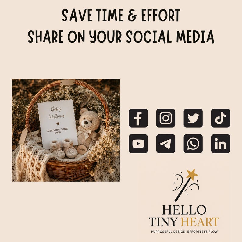 Rustic baby announcement basket featuring a plush teddy bear, cream knit booties, baby's breath flowers, and a card reading "Baby Williams Arriving June 2026" on a beige macrame blanket.