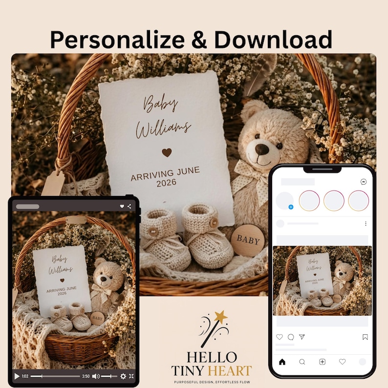 Rustic baby announcement basket featuring a plush teddy bear, cream knit booties, baby's breath flowers, and a card reading "Baby Williams Arriving June 2026" on a beige macrame blanket.