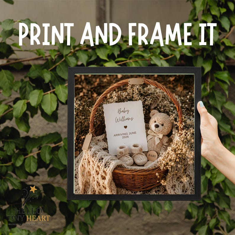 Rustic baby announcement basket featuring a plush teddy bear, cream knit booties, baby's breath flowers, and a card reading "Baby Williams Arriving June 2026" on a beige macrame blanket.