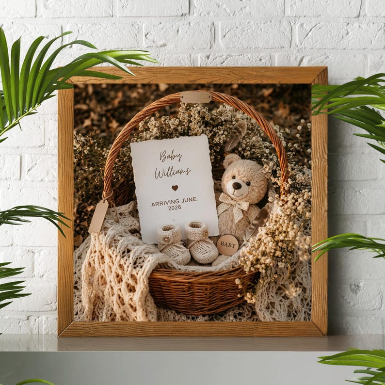 Rustic baby announcement basket featuring a plush teddy bear, cream knit booties, baby's breath flowers, and a card reading "Baby Williams Arriving June 2026" on a beige macrame blanket.