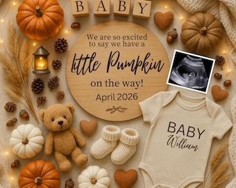Anuncio de embarazo de otoño, plantilla editable de anuncio de bebé calabaza, revelación de bebé neutral en redes sociales, revelación de bebé calabaza pequeña
