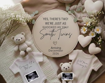 Plantilla de anuncio de embarazo de gemelos, anuncio de bebé gemelo, revelación de bebé neutral, descarga digital, anuncio de embarazo en redes sociales