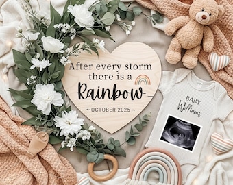 Plantilla digital de anuncio de embarazo arcoíris Anuncio de embarazo de bebé arcoíris Revelación de bebé boho Revelación de embarazo en redes sociales