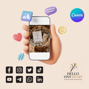May include: A smartphone displays a baby announcement scene: a wicker basket with a teddy bear, baby shoes, and a card. The image is surrounded by social media icons and a Canva logo. The text on the card reads "Baby Williams, expected June 2025."