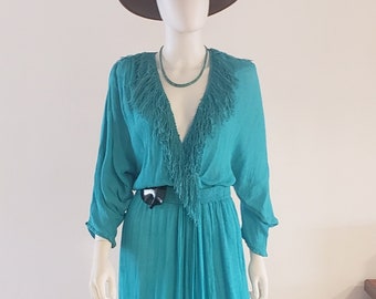 vintage 80s 1980's SYBIL California loose weave gauze sweater knit turquoise teal aqua fringe dress M L western southwestern hippie boho