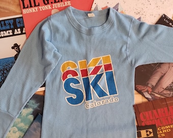 20 DOLLAR SALE rad vintage 80s 1980's waffle knit thermal ski Colorado shirt top XS to S new wave outdoor winter sports