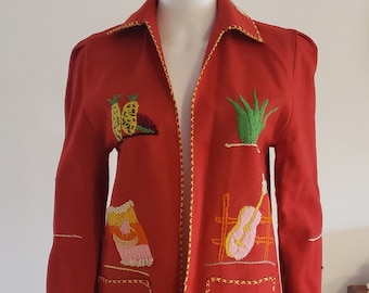 vintage 50s 60s red felt Mexican tourist souvenir jacket blazer with embroidered village designs S M Mexico southwestern western rockabilly