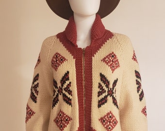 vintage 70s 1970's handmade handknit HEAVY chunky red black Aztec cowichan cardigan sweater M tribal western southwestern cowgirl apres ski